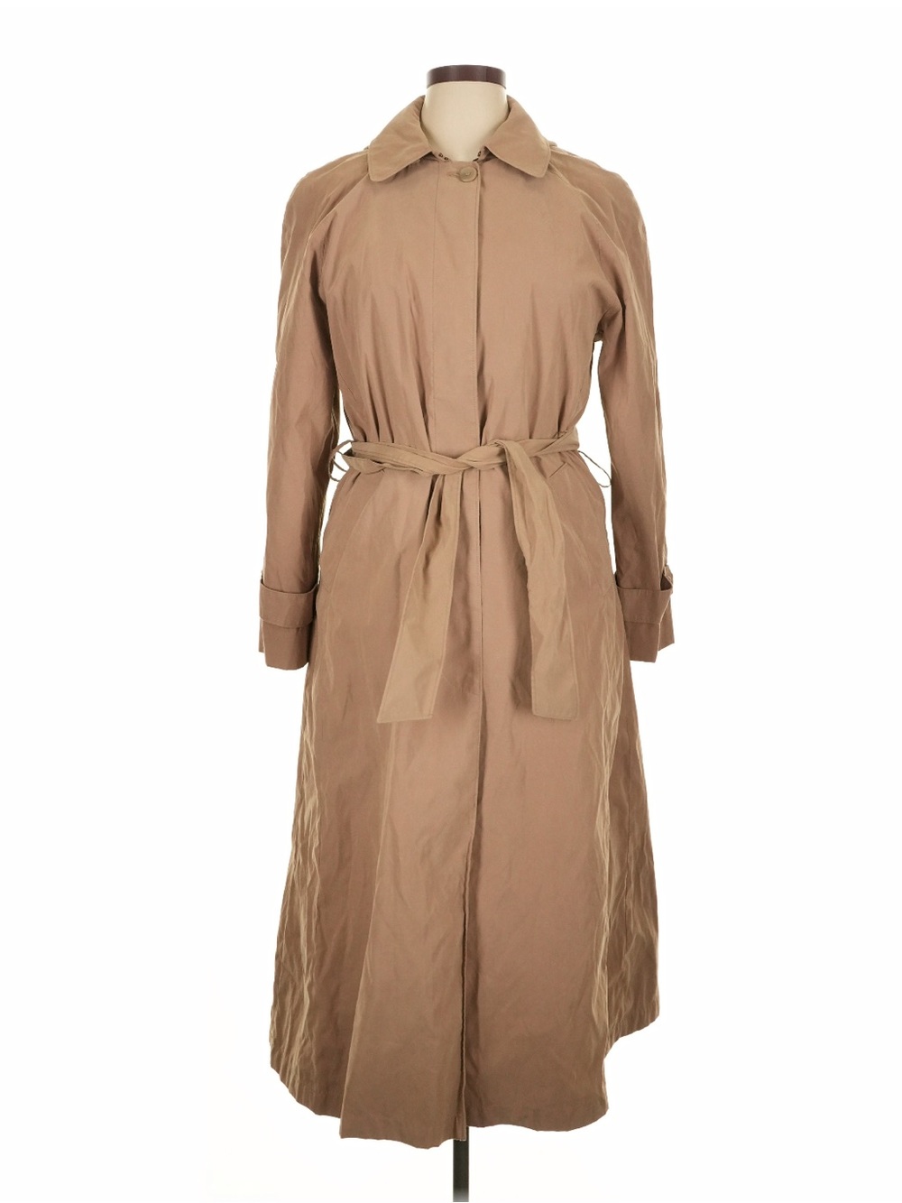 London Fog Tan Hooded Trench Coat Women’s 14P Belted Long Rain Coat Jacket